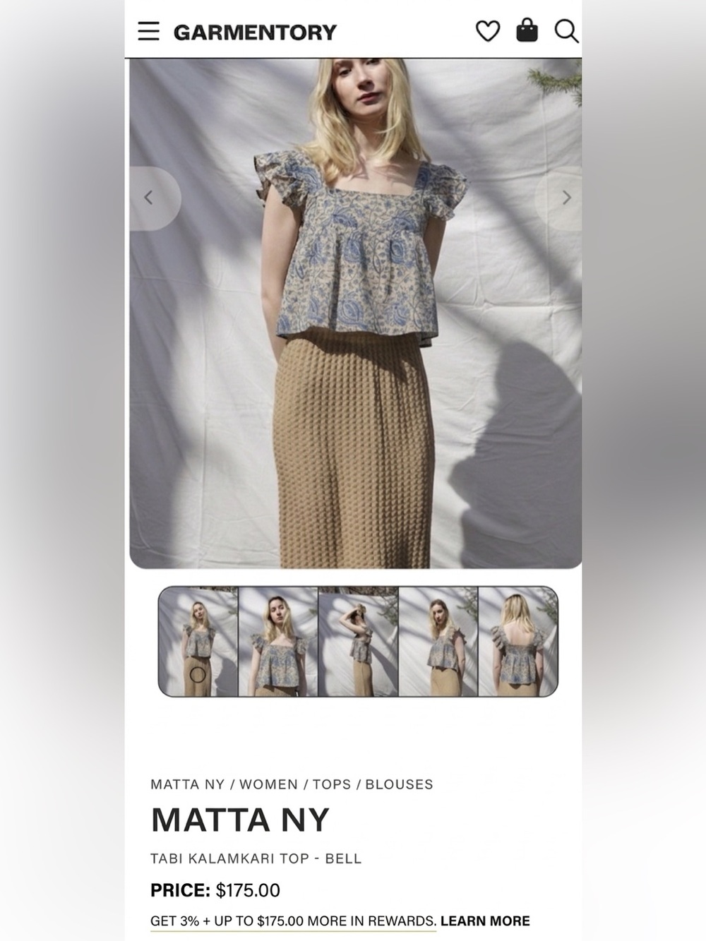 MATTA $175 • 18” PTP • Blue Floral Boho Square Neckline Ruffle Sleeve Top - Picture 4 of 10